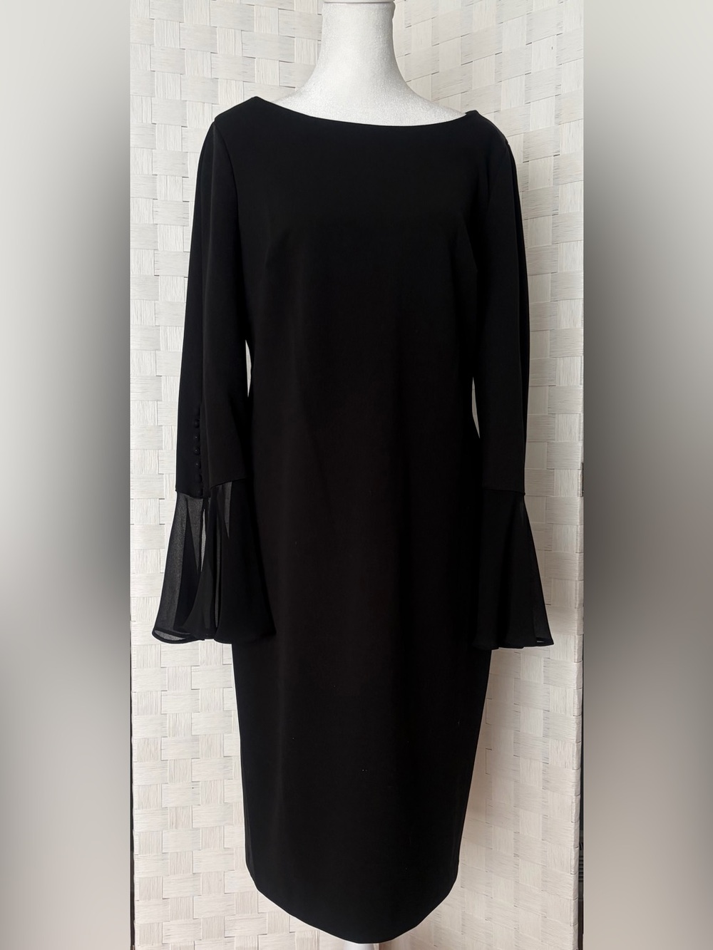 Calvin Klein Classic Black Bell Sleeve Dress with Gold Tone Back Zipper Size 12